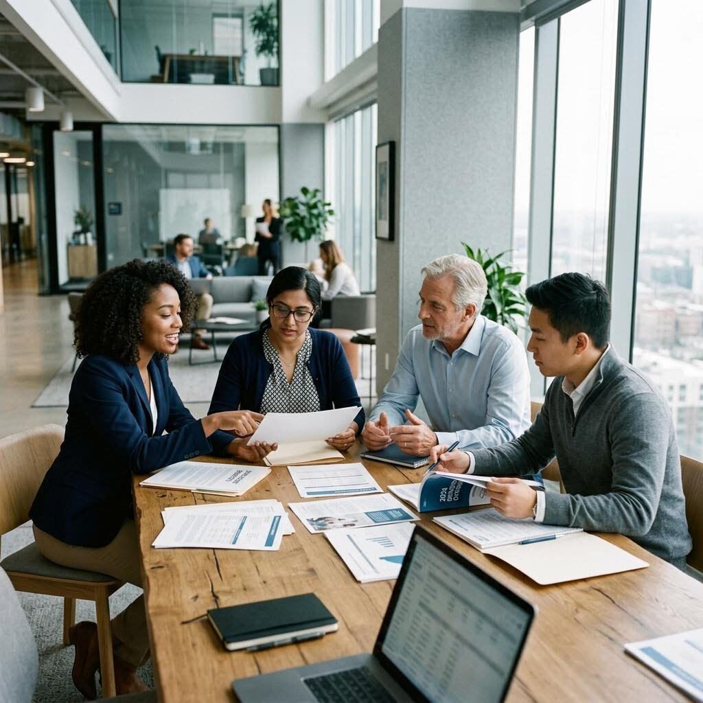 An HR team reviewing employee benefits documents together at a conference table