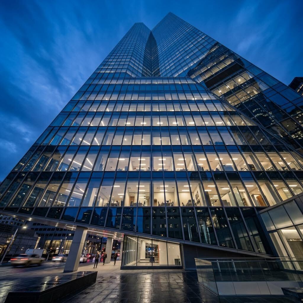 Glass facade of a modern office building in cool blue light